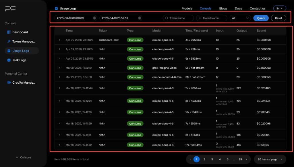 Usage Logs page and filters