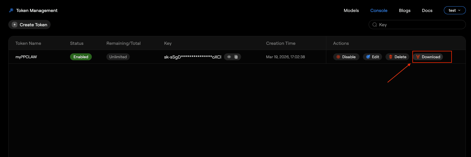 Download button in Token Management