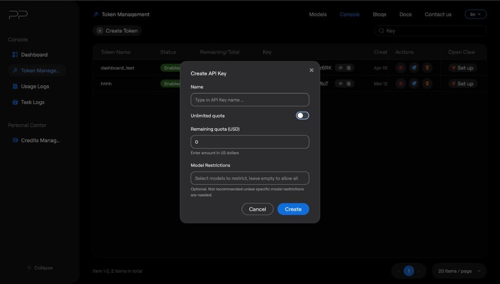 Create token modal