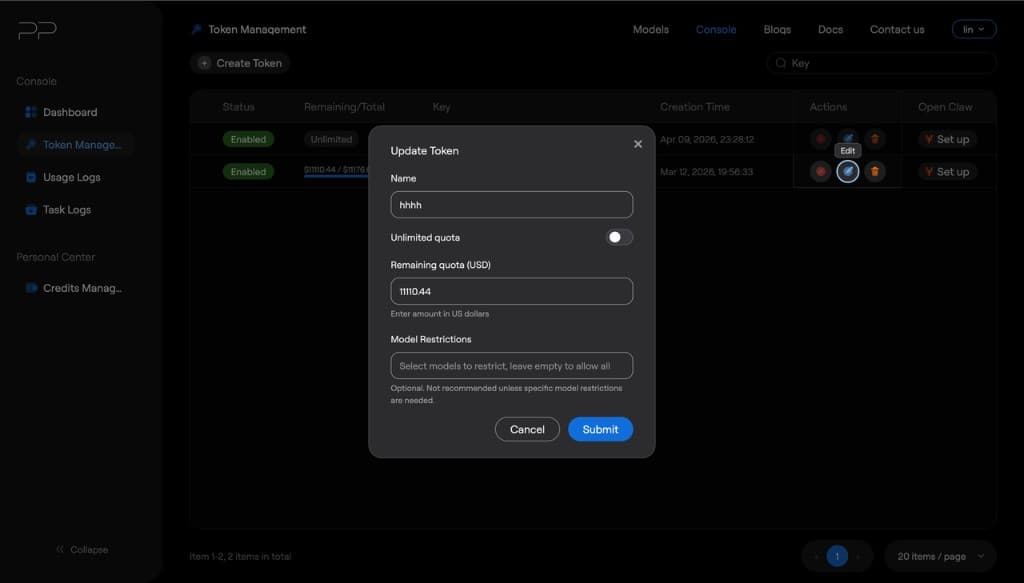 Edit token modal