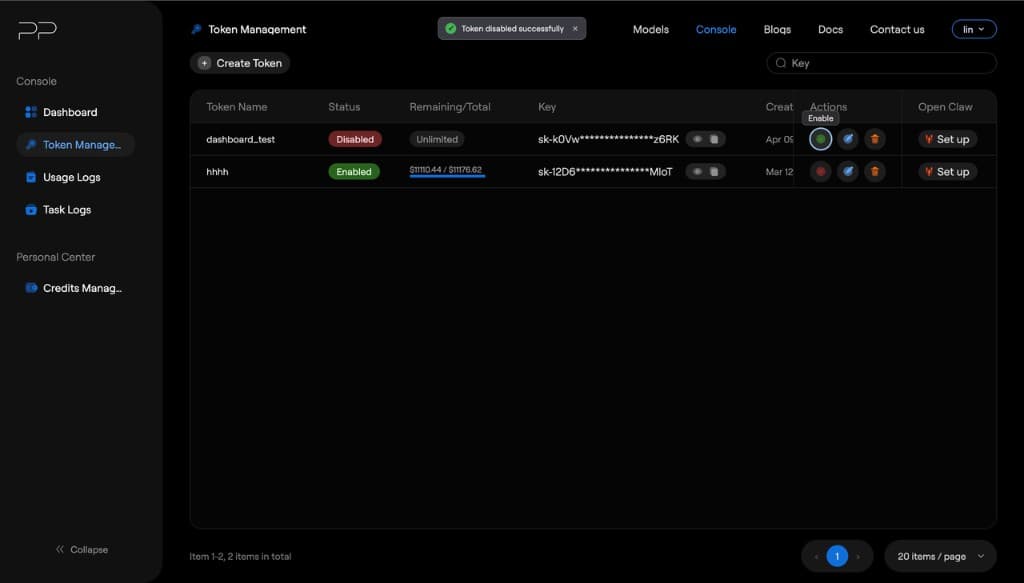 Token disabled successfully