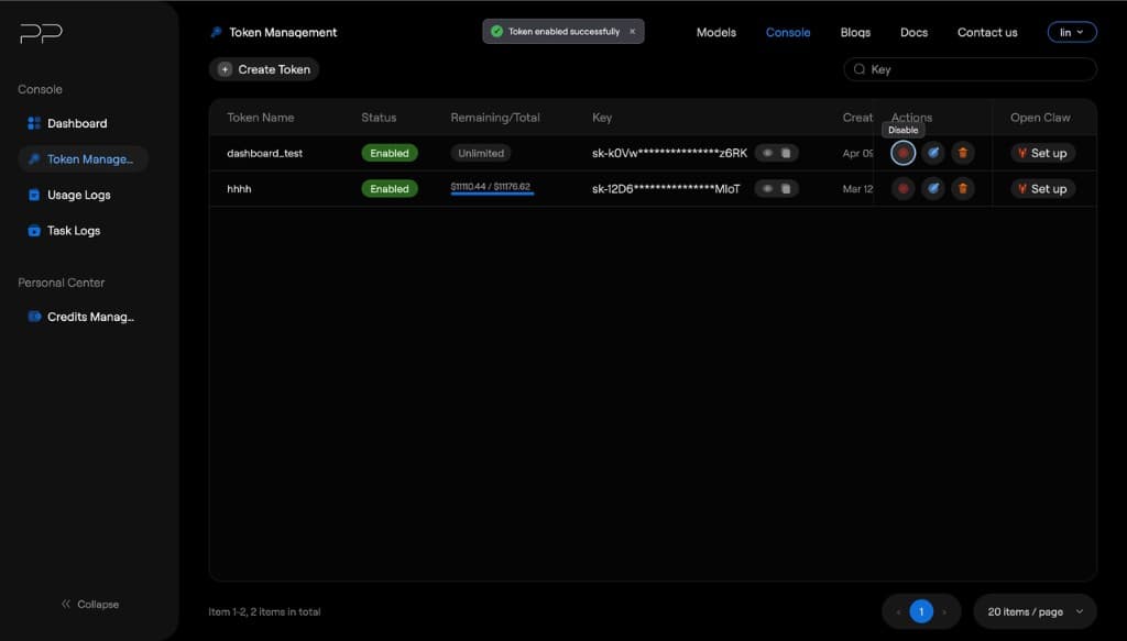Token enabled successfully