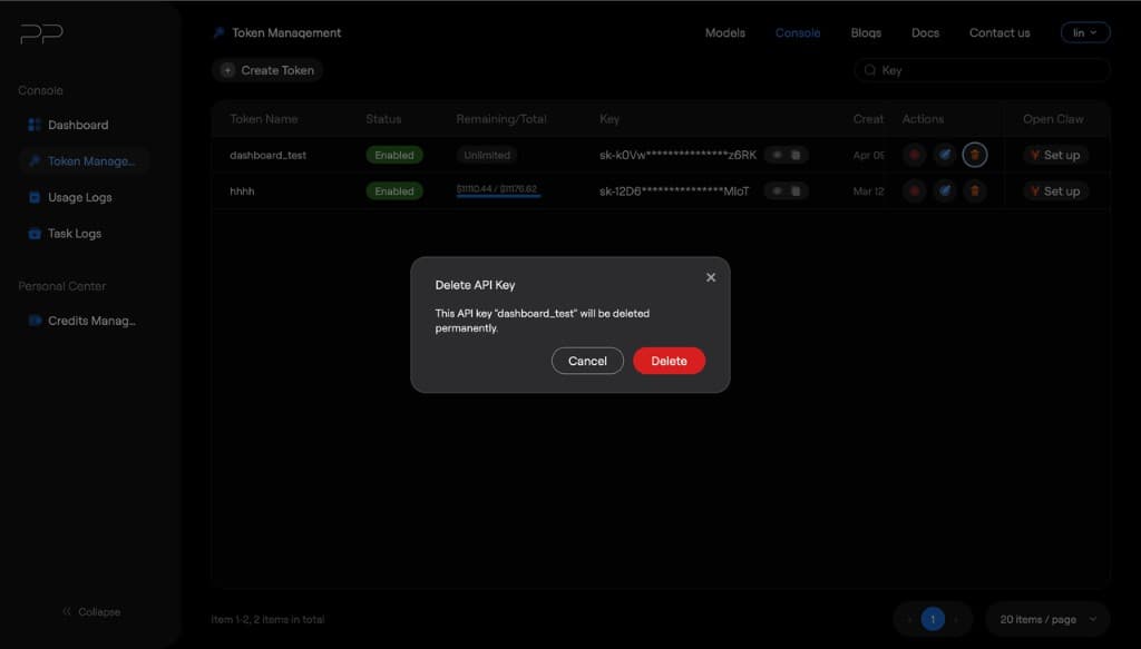 Delete token confirmation